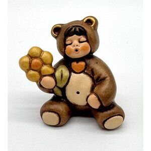 Vintage Thun Sleeping Boy In A Bear Costume w Flower Ceramic Figurine Italy 2”